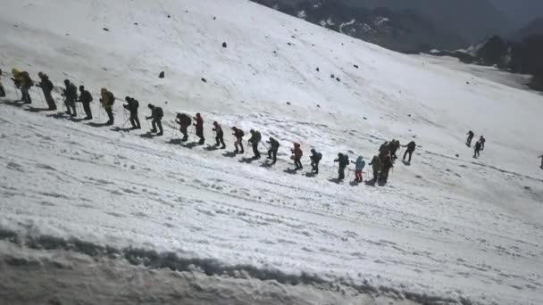 Flygfoto vandring gruppen i berget på snö spår. Extrem vandring i berg — Stockvideo