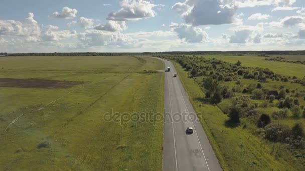 Circulation routière dans une vallée. pousse aérienne d'une route avec des voitures de circulation dans une vallée avec champ d'herbe verte et des arbres dans la nature — Video