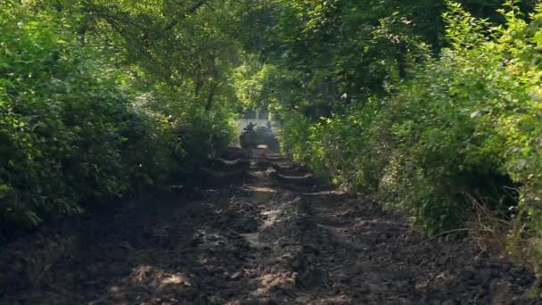 Военные сидят на движущемся танке на дороге в зеленом лесу — стоковое видео