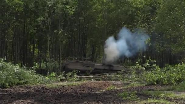 Serbatoio dell'esercito distruggere foresta verde per costruire strada nella foresta sul poligono di tiro — Video Stock