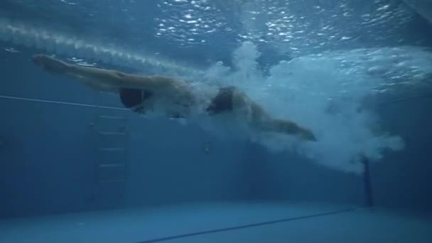 Frau taucht in transparentem Wasser auf Schwimmbad unter Wasser Ansicht 60 fps — Stockvideo