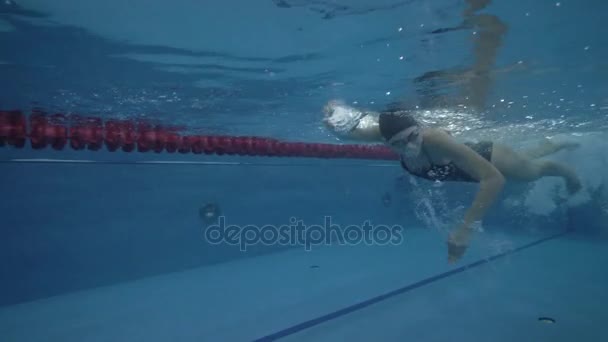 Kvinna simmare flyter crawl stroke i blått vatten undervattensvy — Stockvideo