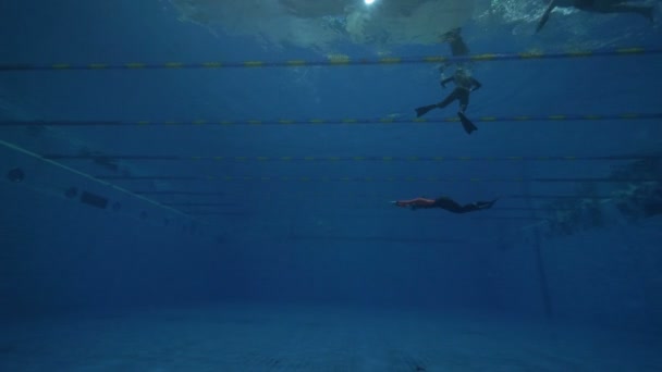 Mensen in flippers zwemmen onder water in diepe zwembad tijdens het leren duiken — Stockvideo