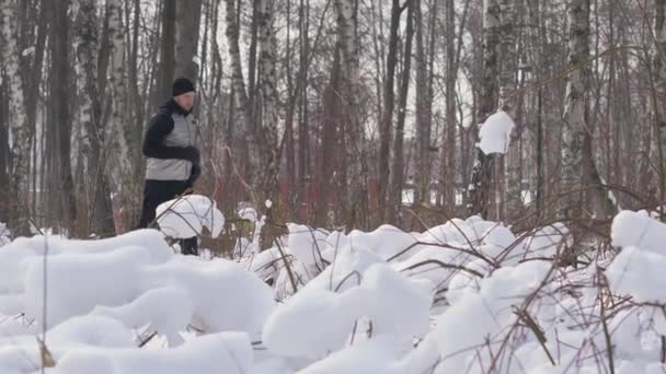 아침 운동을 하는 동안 겨울 숲에서 조깅 하는 사람. 운동선수 남자 실행 — 비디오