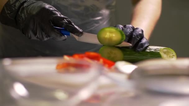 Chef hands cutting fresh cucumber on round pieces for cooking vegetable salad — Stock Video