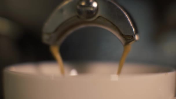Закрыть кофеварку и полить из профессиональной кофемашины в кафе. — стоковое видео