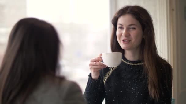 Jovem mulher bebendo café e conversando com amigo durante reunião no café — Vídeo de Stock