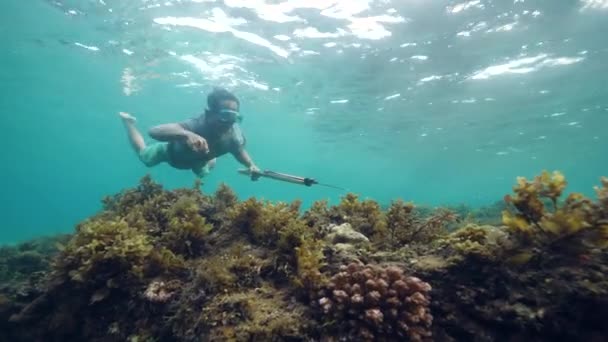 A young Asian male in a mask holding a wooden speargun underwater in sea. — Stock Video
