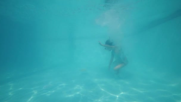 Niña sin miedo bucea y nada bajo el agua en una piscina azul . — Vídeo de stock