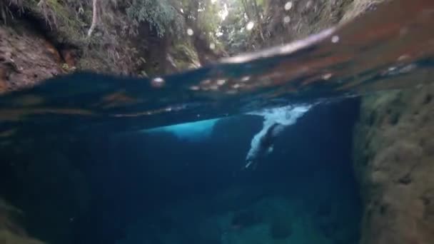 Eine junge Frau stürzt sich an einem Wasserfall ins Wasser. — Stockvideo