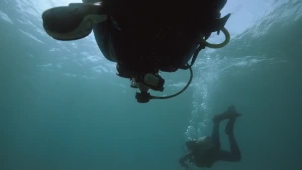 Male scuba divers swimming in deep open water in the ocean. — Stock Video