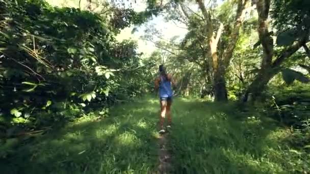 Fille joyeuse marchant et dansant sur le sentier de prairie verte dans la forêt .