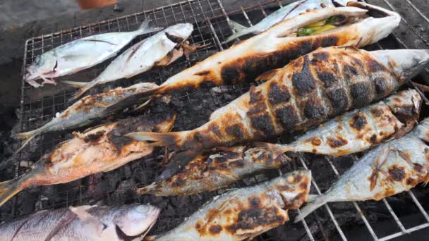 Delicioso pescado fresco a la parrilla en una bandeja de asar que se cocina con carbón . — Vídeo de stock