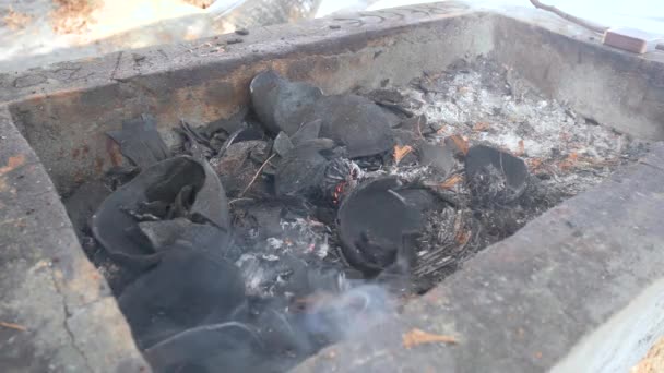 Asap berasal dari arang barbeque. charcoals Smoldering. — Stok Video