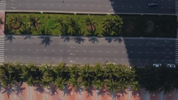 Närbild uppifrån och ner utsikt över fyra körfält vägar med palmer och få fordon. — Stockvideo