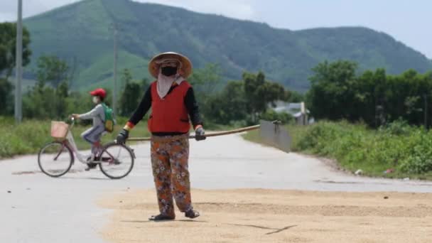 Hue, Vietnam- 05 02 2020: Vietnamesisk jordbrukare som arbetar under solen torkning ris. — Stockvideo