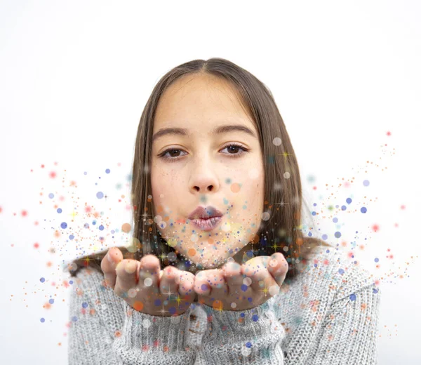 Celebration Young Girl Blowing Magic Sparkle Air — Stock Photo, Image
