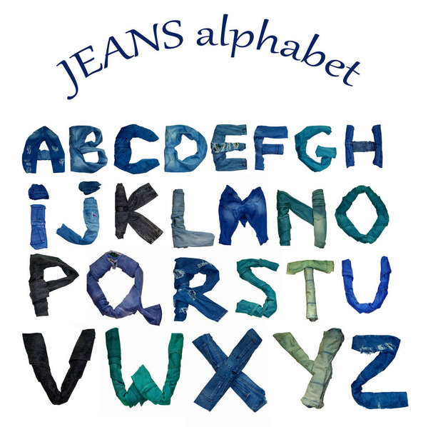      Isolated English alphabet is laid out from letters consisting of jeans clothes of various shade