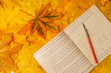 Eski okul alıştırma kitabı sarı akçaağaç arka plan üzerinde ahşap mürekkep kalemle bırakır. Bir egzersiz kitabı birinci sınıf ve ahşap kalem mürekkep 20 yüzyılın için.