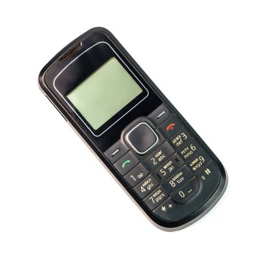 Eski moda izole beyaz arka plan üzerinde siyah cep telefonu