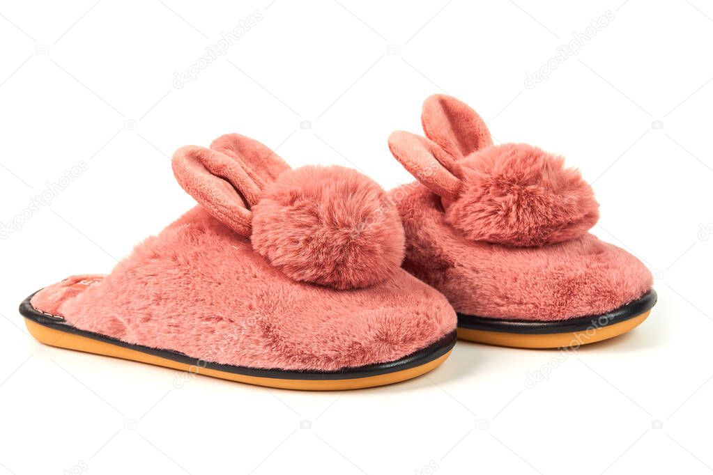 Cute warm fluffy womens Bunny Slippers isolated on white background