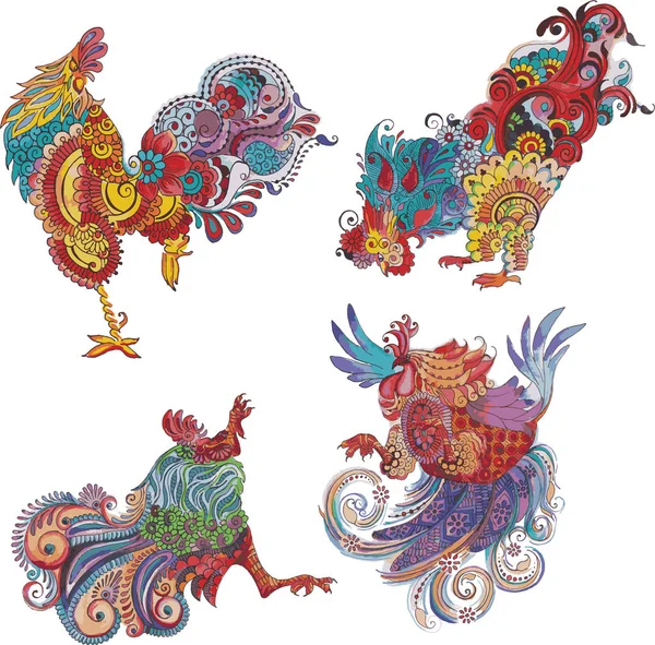 Conjunto de gallos con patrones floridos — Archivo Imágenes Vectoriales