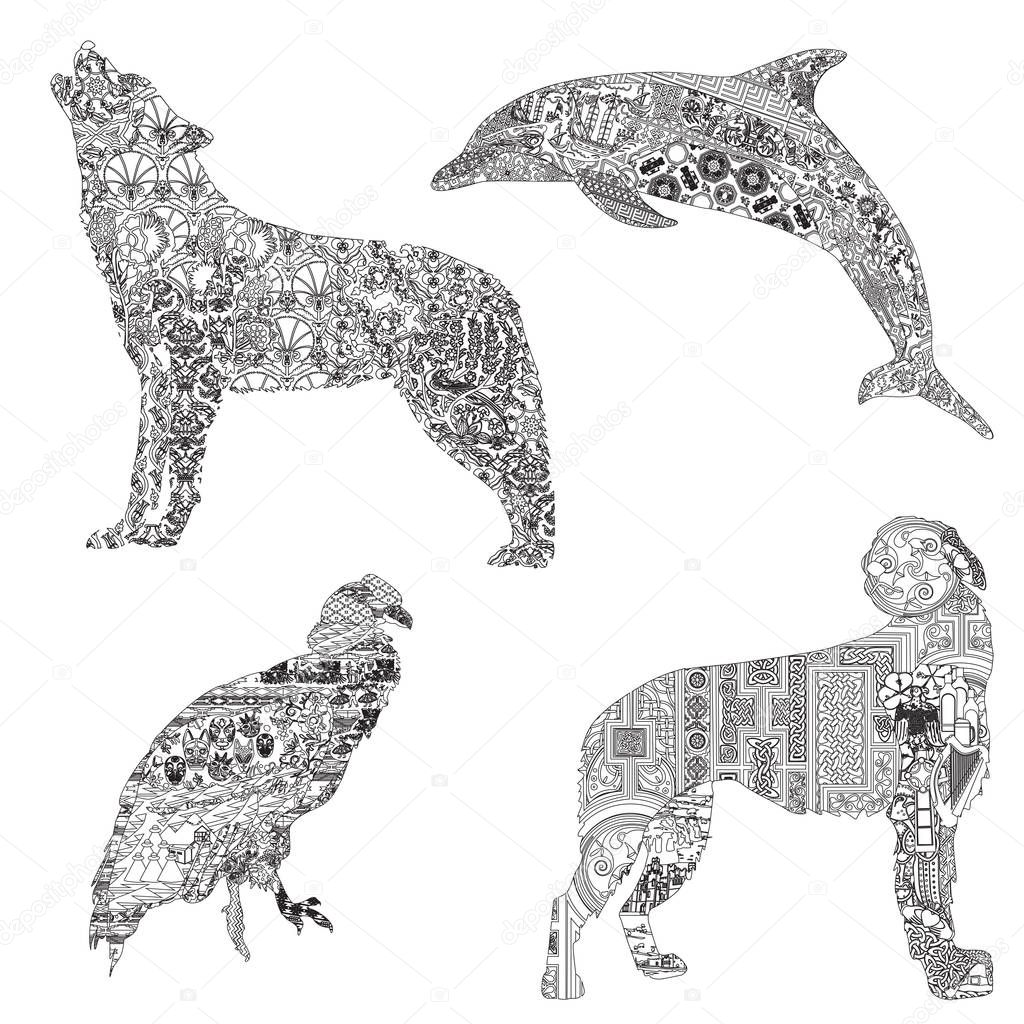 Set of animals with ethnic ornaments