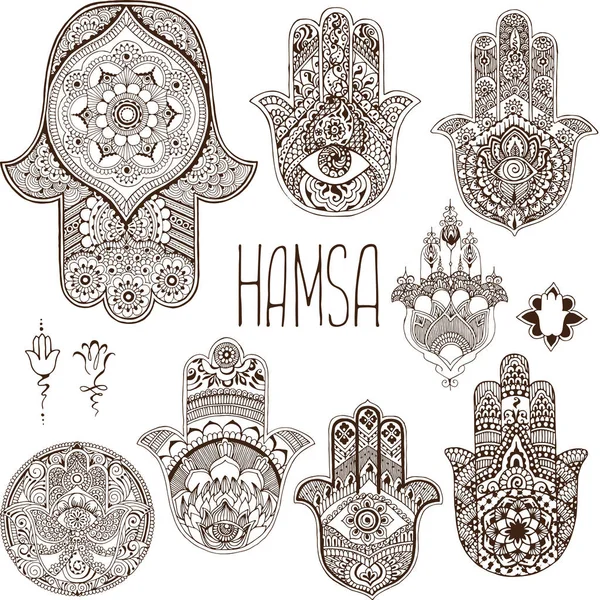 A set of palms-hamsa in the style of mehendi. — Stock Vector