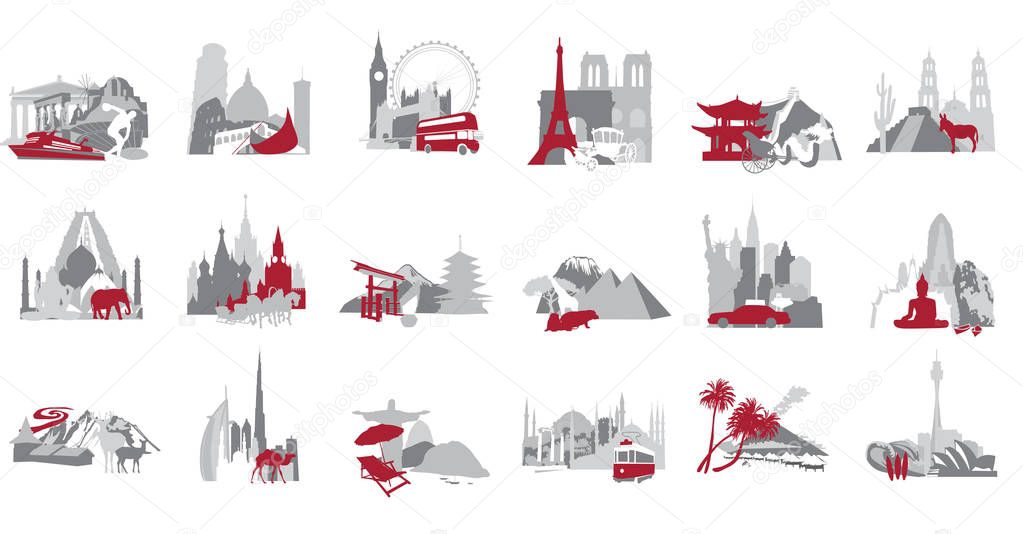 A set of miniatures with sights of different countries