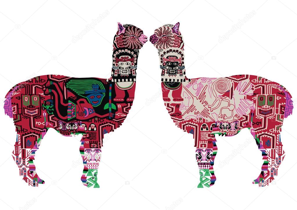 Alpaca with drawings in the Peruvian style. Two alpacas on a white background.