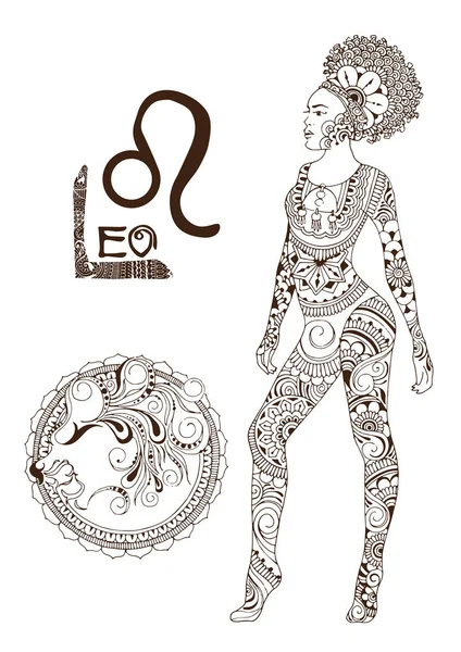 Leo Fatto Stile Mehndi Segno Zodiacale — Vettoriale Stock