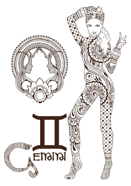 Gemini Made Mehndi Style Zodiac Sign — Stock Vector