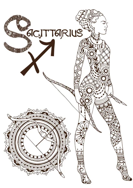 Sagittarius Made Mehndi Style Zodiac Sign — Stock Vector