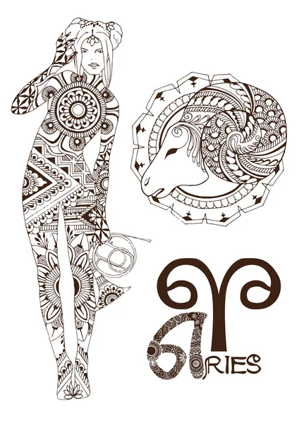 Aries Made Mehndi Style Zodiac Sign — Stock Vector