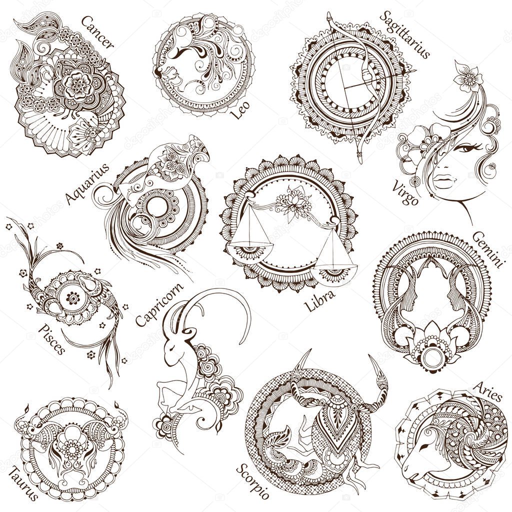 Signs Zodiac Made Mehndi Style — Stock Vector © roman4 184483426