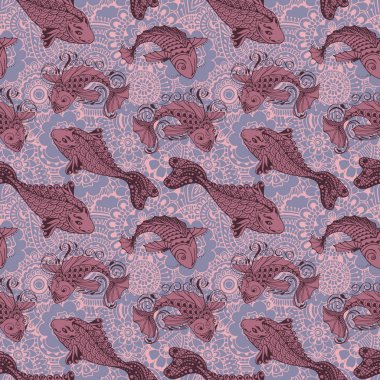 Balık, oryantal bereket sembolü ile Seamless modeli. Bir sürü balık mehndi tarzı bir arka plan üzerinde.