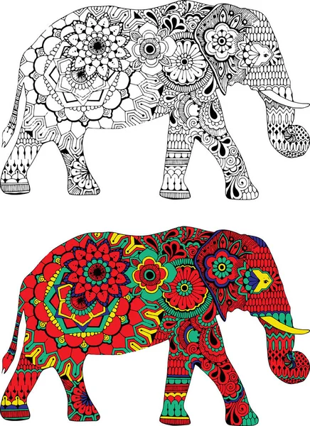 Elephant Decorated Ornaments Style Indian Mehndi — Stock Vector
