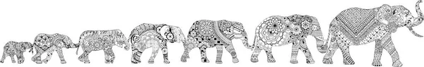 7头大象装饰的 Mehendi 不同的大象 在东方风格不同的模式 — 图库矢量图片