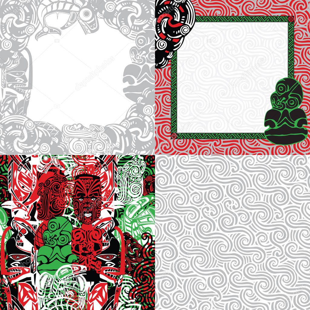 Two seamless patterns and two square frames decorated in Polynesian style.