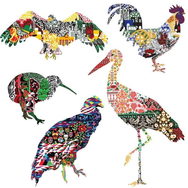 Sæt Fugle Symboliserer Forskellige Lande Dekoreret Med Etniske Ornamenter Trane – Stock-vektor