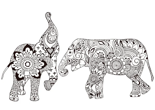 Dos Elefantes Decorados Con Patrones Indios Patrones Adornados Estilo Mehndi — Vector de stock