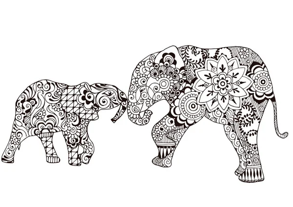 Two Elephants Decorated Indian Patterns Ornate Patterns Style Mehndi — Stock Vector