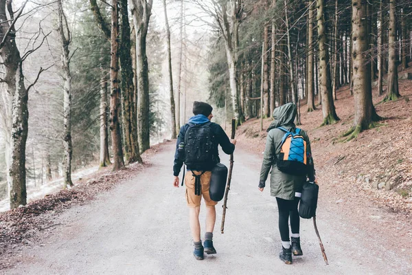 Çift hiking orman yolu boyunca hiking — Stok fotoğraf