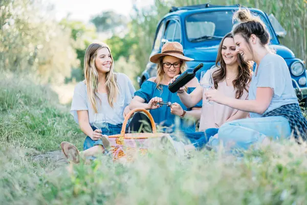 Friends sitting on grass pouring wine — Stock Photo, Image