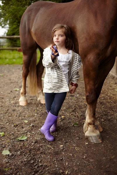 Meisje bedrijf borstel in de buurt van paard — Stockfoto