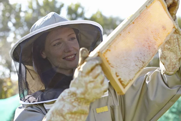 Kvinnliga Biodlare Håller Upp Honeycomb Bricka Staden Tilldelning — Stockfoto