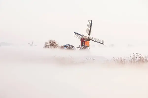 Oud Hollandse windmolens in de mist — Stockfoto