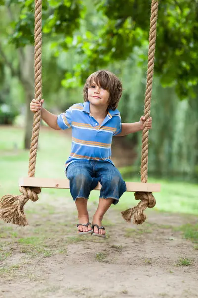 Leende Pojke Sitter Träd Swing — Stockfoto