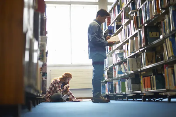 Young Female Male College Students Working Library — Stock Photo, Image
