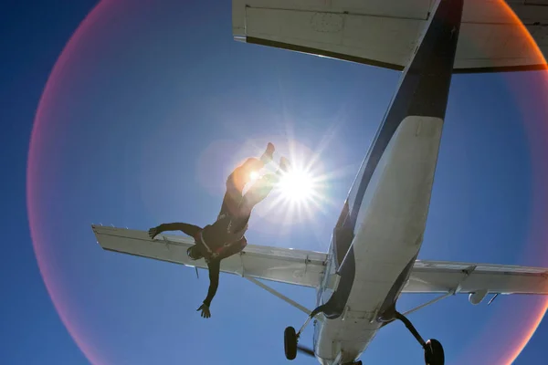 日光のある飛行機から落下するスカイダイバー — ストック写真